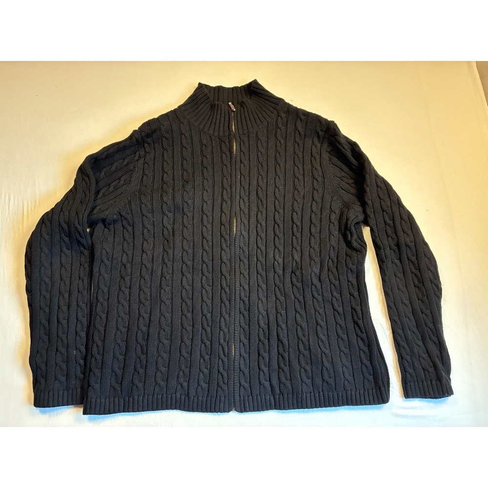 LL Bean Womens XL Full Zip Cable Knit Cotton Sweater Mock Neck Black 0FBH1